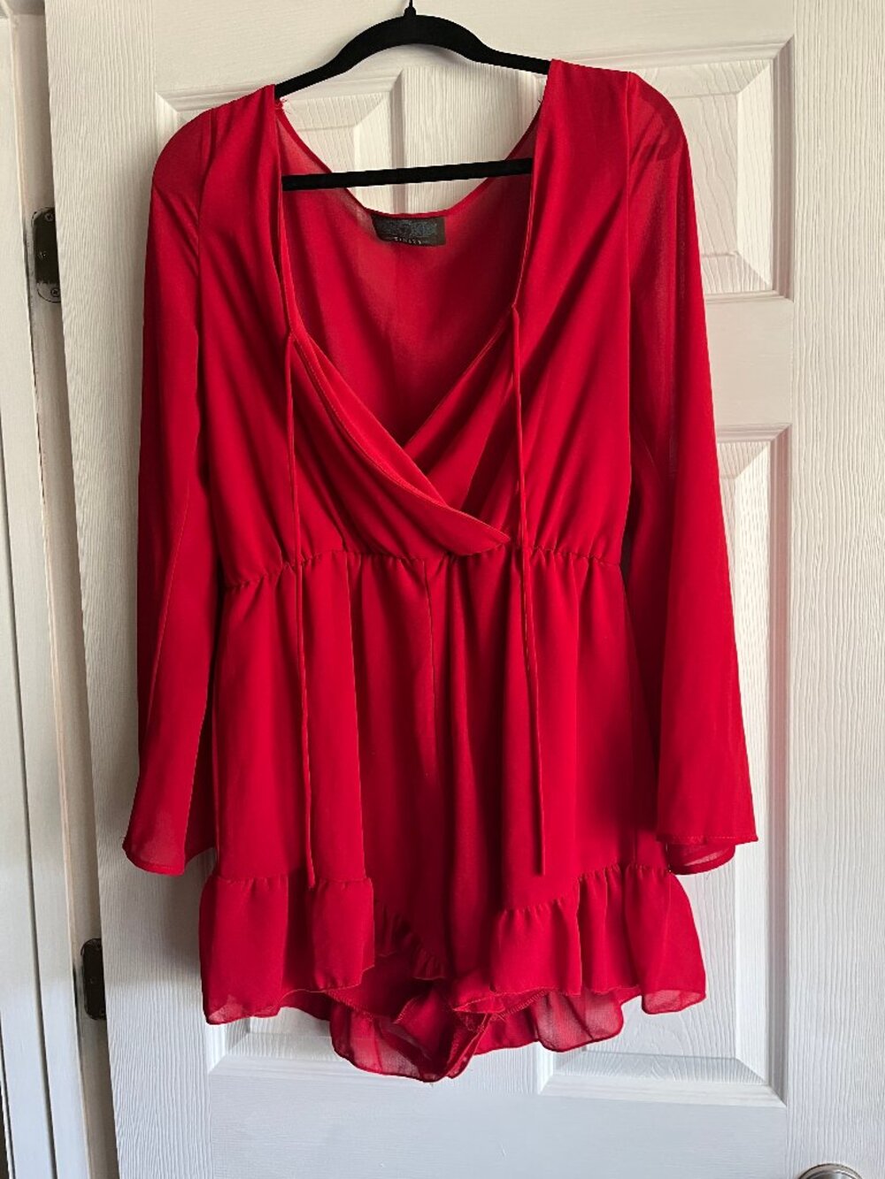 Tinley Red Long Sleeve & Short Romper sz Large Slight See Through w/ Tie Front